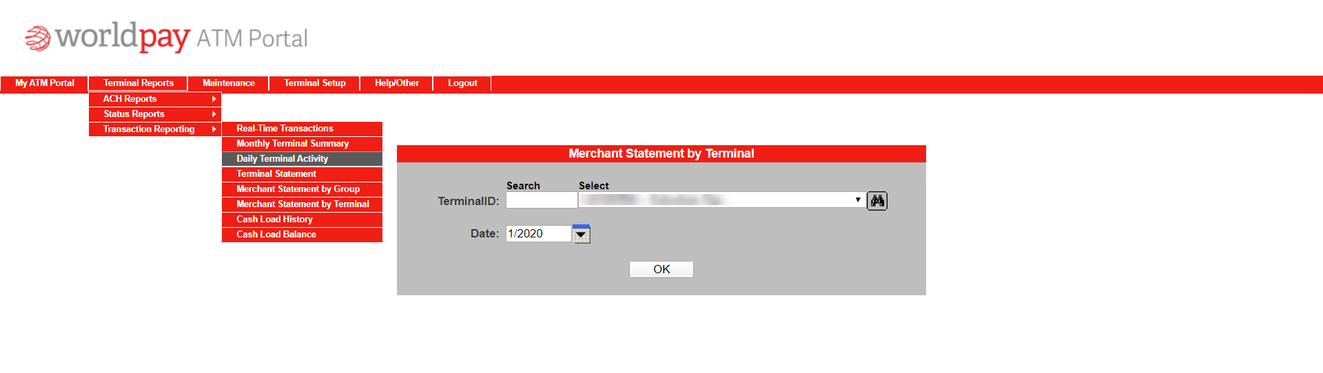 WorldPay Portal - Daily Terminal Activity for Settlement Reporting