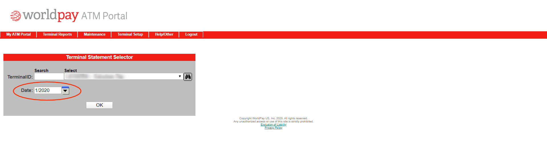WorldPay Portal Dashboard - Enter Date for Terminal Statement