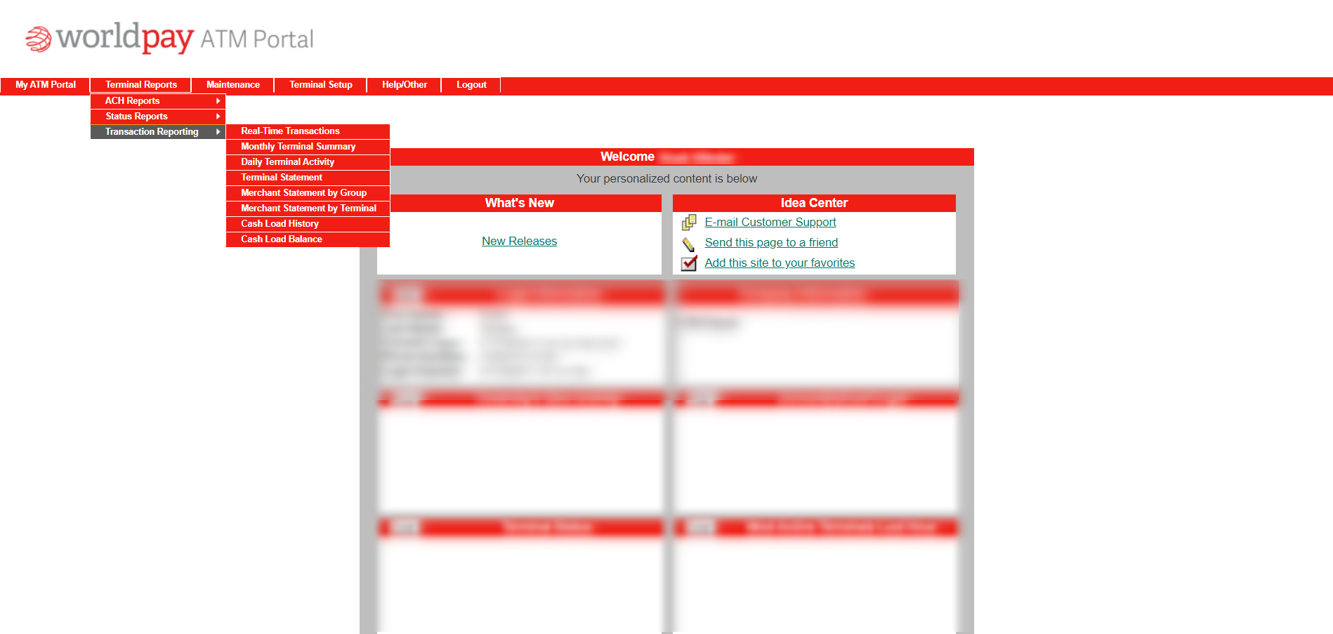 WorldPay Portal Dashboard - Transaction Reporting Dropdown